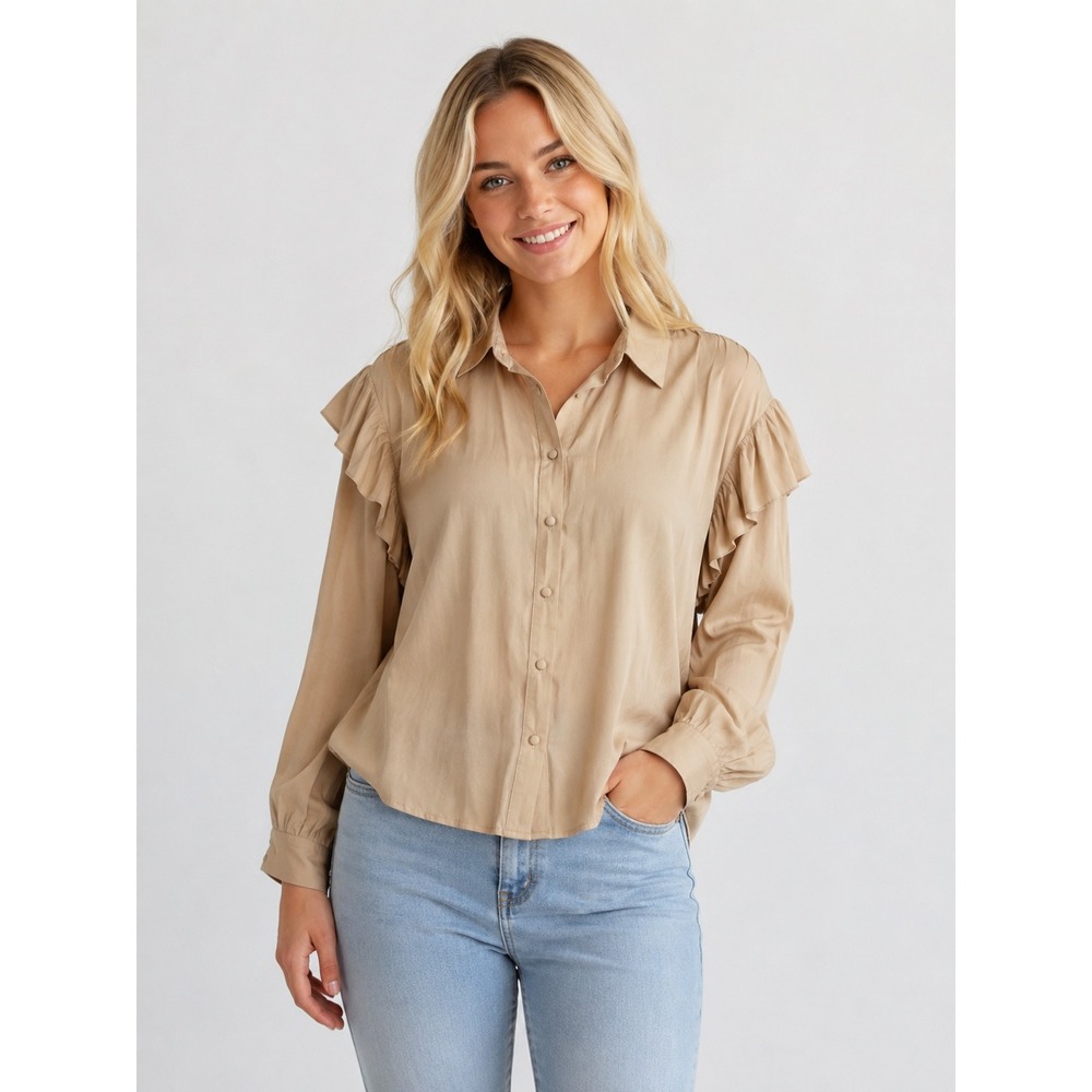 Stelen Womens Tan Ruffle Shoulder Button Down Blouse‎ Beige Long Sleeve Top M